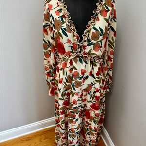 Floral Ruffle V-Neck Maxi Dress - Cream with Rust & Olive